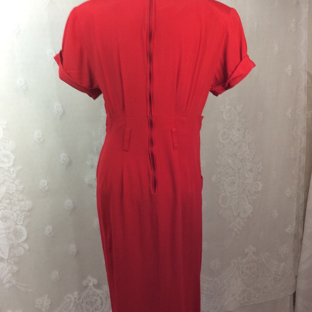 Vintage Red Mock Paper-bag Midi Sheath Dress 12 - Picture 7 of 13
